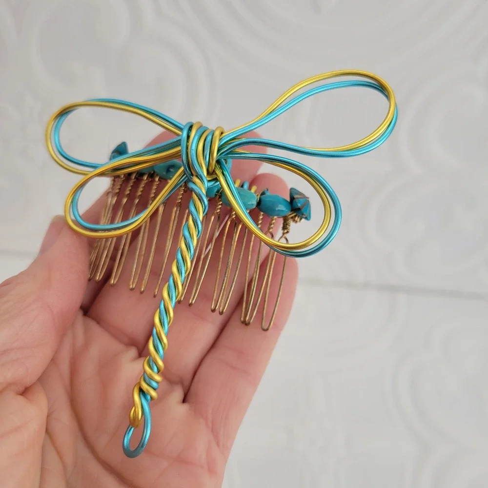 Handmade Dragonfly Hair Comb Teal Gold Wire Gemstone Rhinestone Vintage Art Deco
